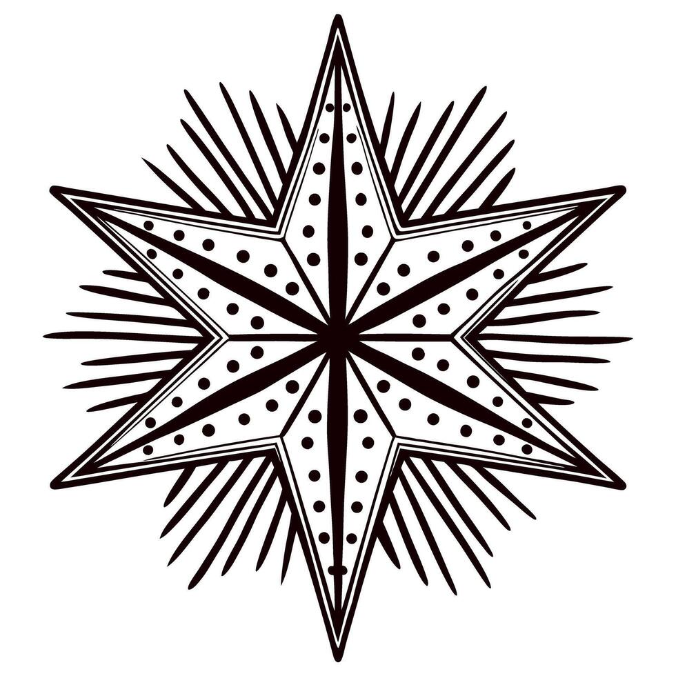 Eight pointed geometric star with dotted and lined ornamental details in black and white illustration vector