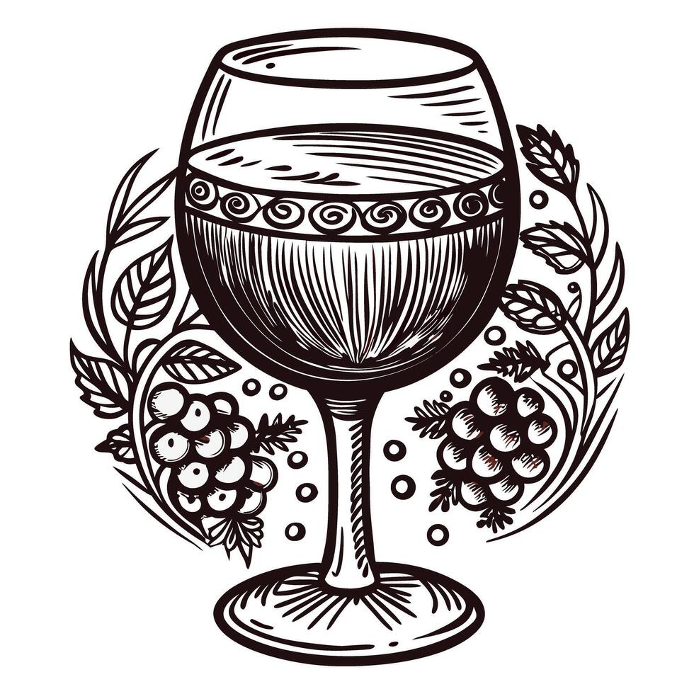 Hand drawn wine glass with ornate rim and grapevine design, vintage engraving illustration vector