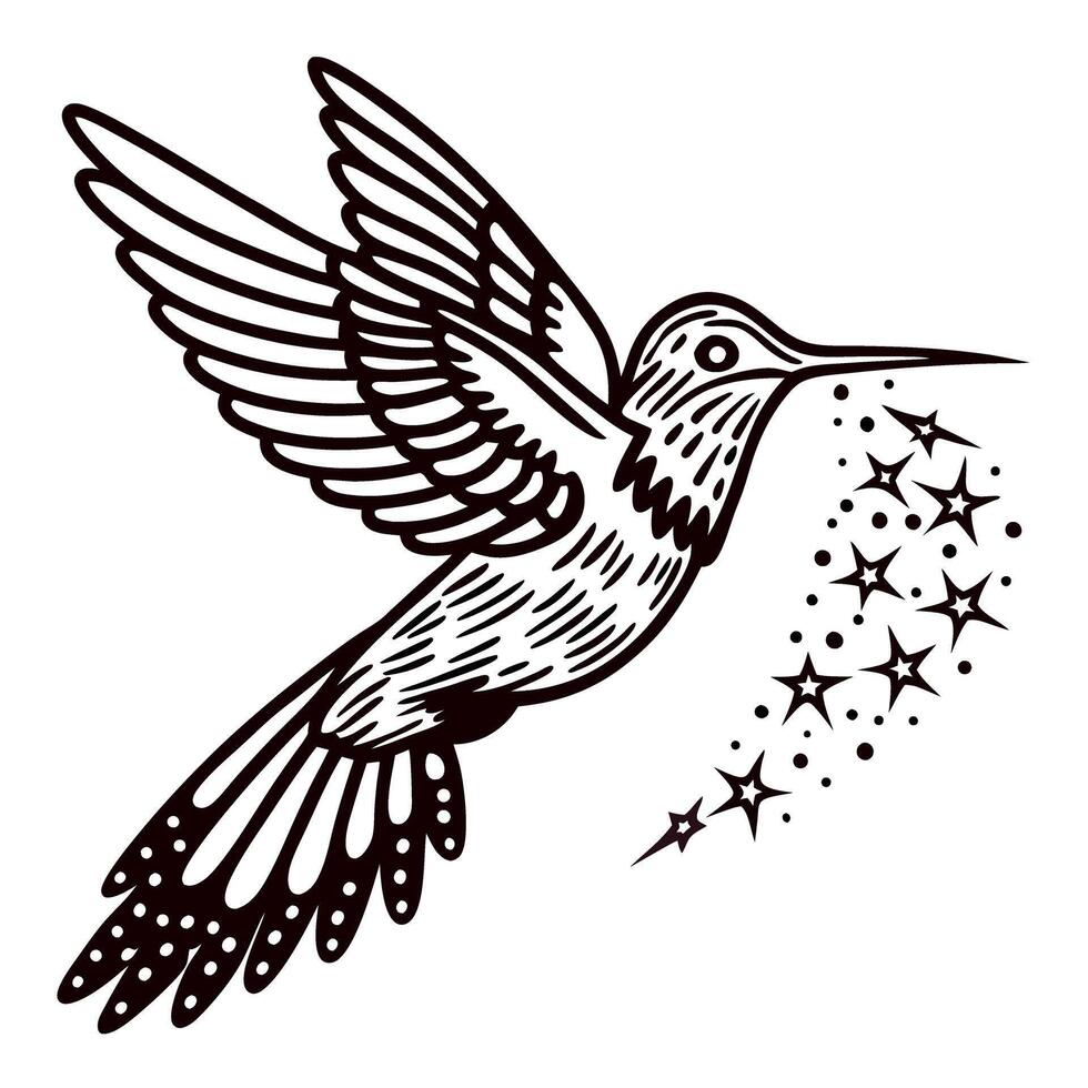 Intricate hand drawn hummingbird illustration with spread wings and flying stars, elegant black and white engraving vector