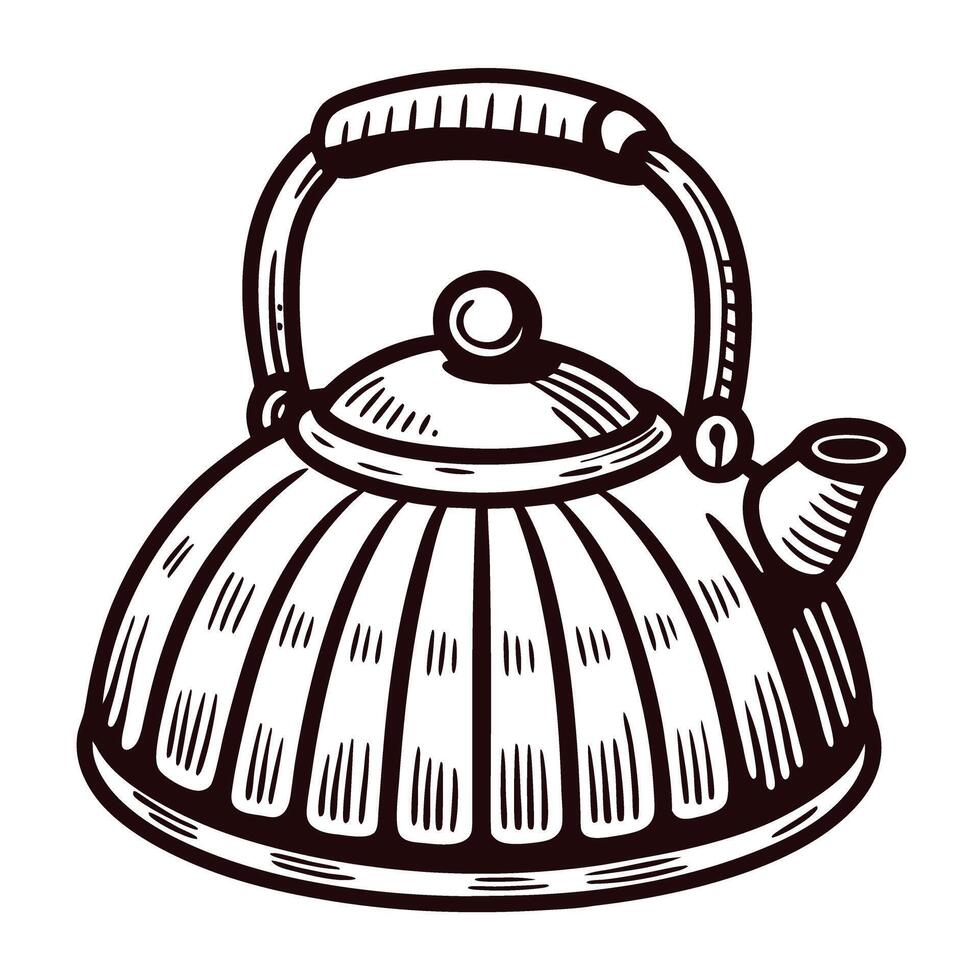 Vintage engraved illustration of a classic metal kettle with handle and spout on white background vector
