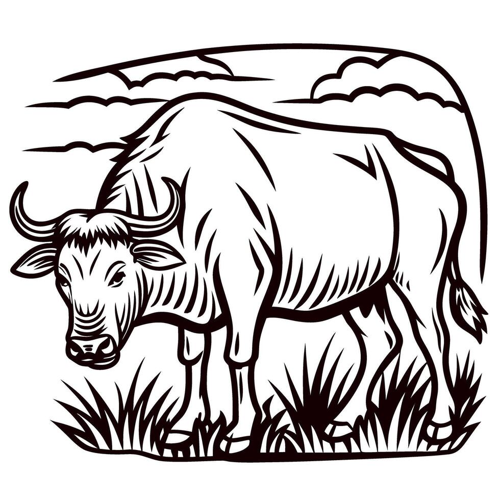 Vintage engraved illustration of a buffalo grazing in a field with clouds and grass on a white background vector
