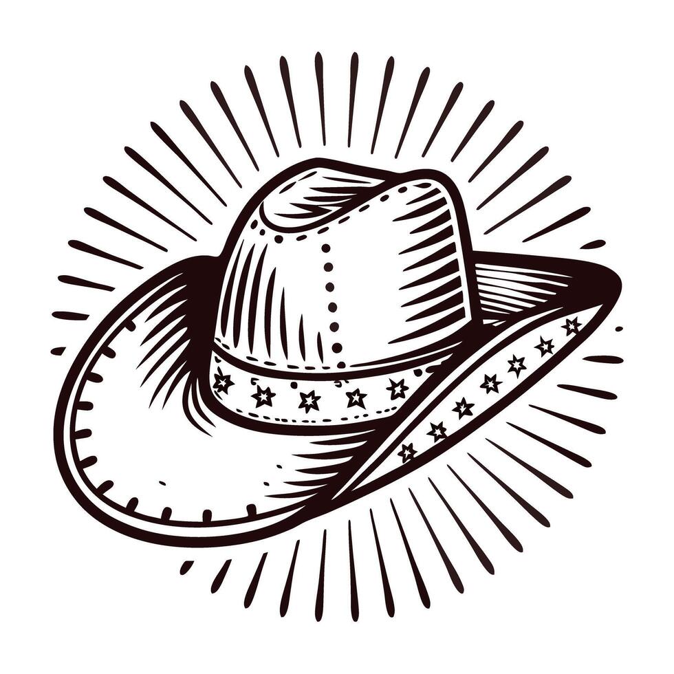 Vintage engraved illustration of a classic cowboy hat with decorative stars and radiating lines vector