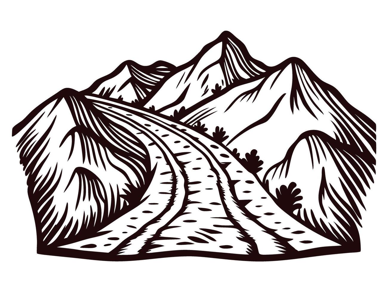 Illustrated mountain road with scenic peaks and natural landscape vector