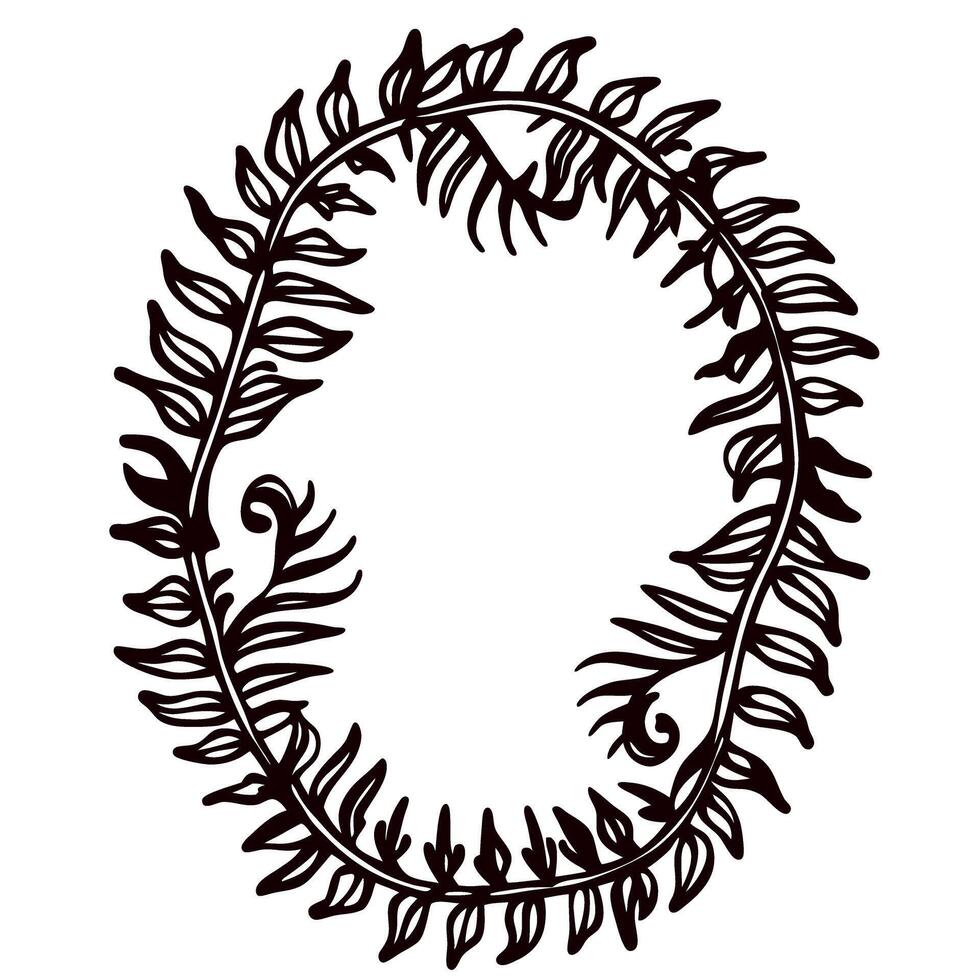 Hand drawn oval frame with ornate swirling leaves and botanical details in vintage illustration vector