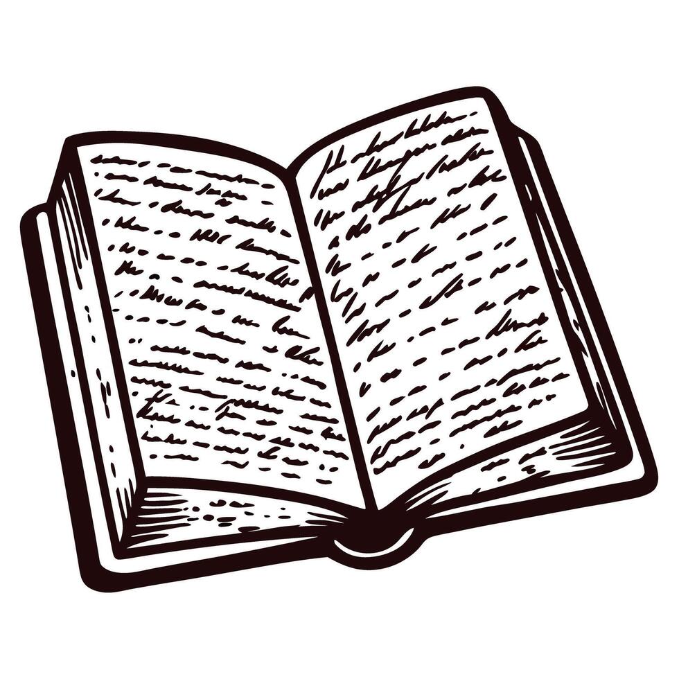 Vintage hand drawn open book illustration with handwritten text and detailed ink lines vector
