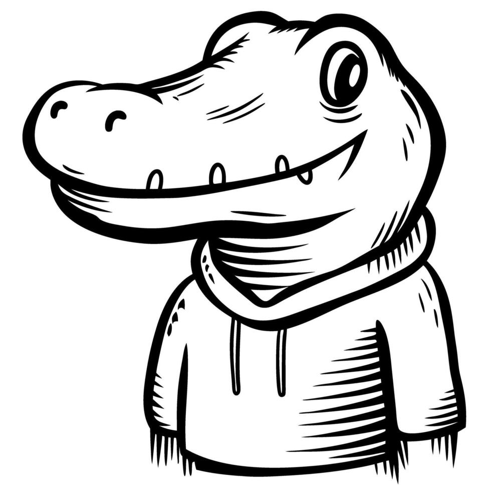 alligator wearing hoodie illustration in vintage black and white hand drawn isolated on white vector