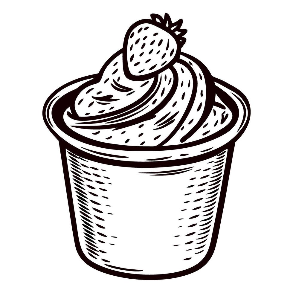 Hand drawn swirl yogurt cup with strawberry sketch illustration on white background vector