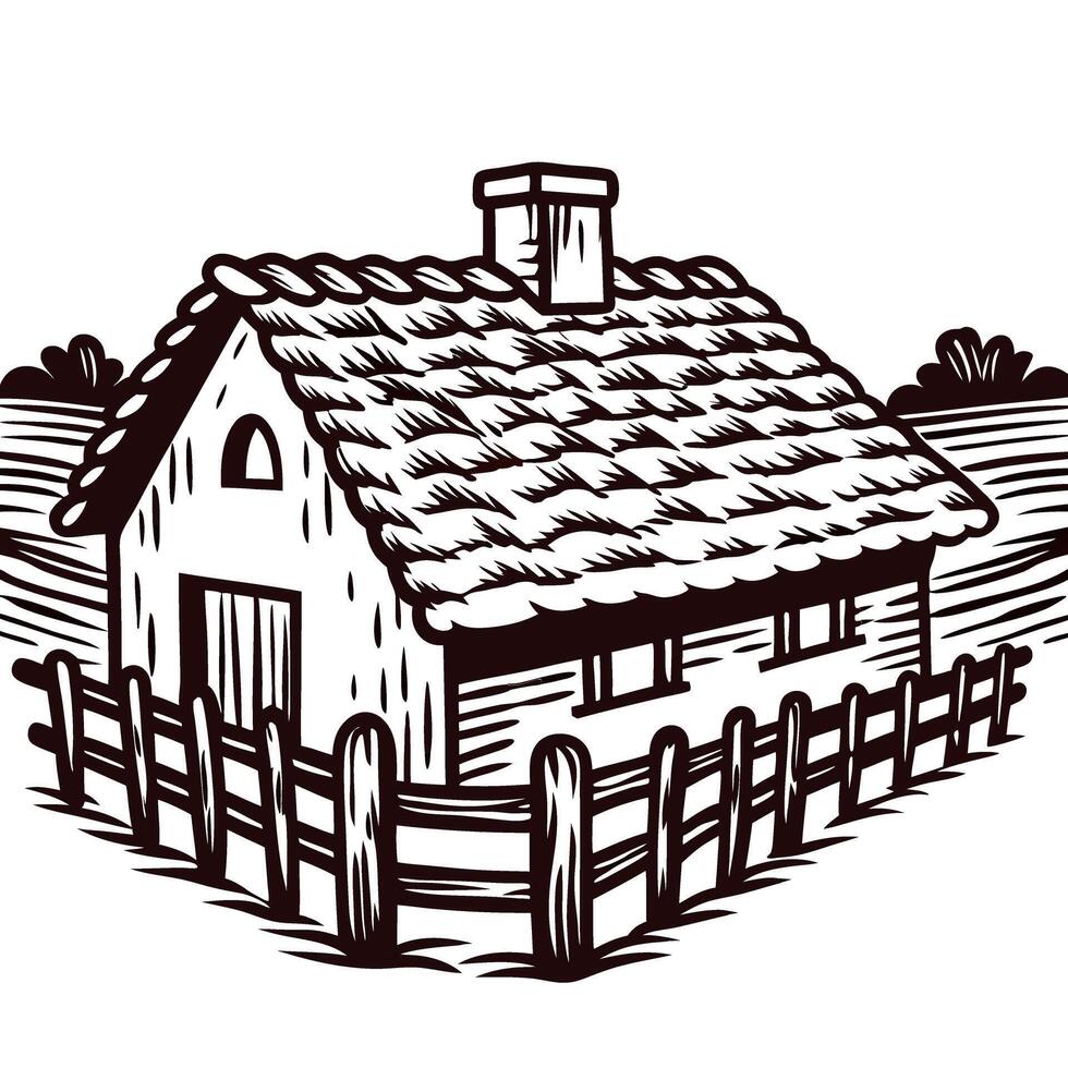 Rustic farmhouse with thatched roof and wooden fence vintage hand drawn illustration in black and white vector