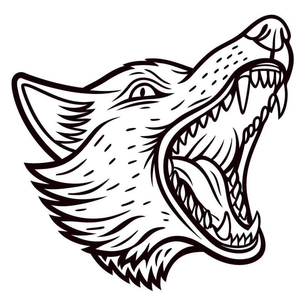 Angry howling wolf head with open mouth and sharp teeth in vintage hand drawn engraved sketch vector