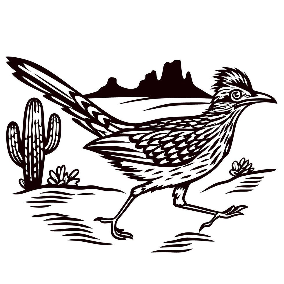 Stylized roadrunner bird running in desert landscape with cactus and mountains black and white illustration vector