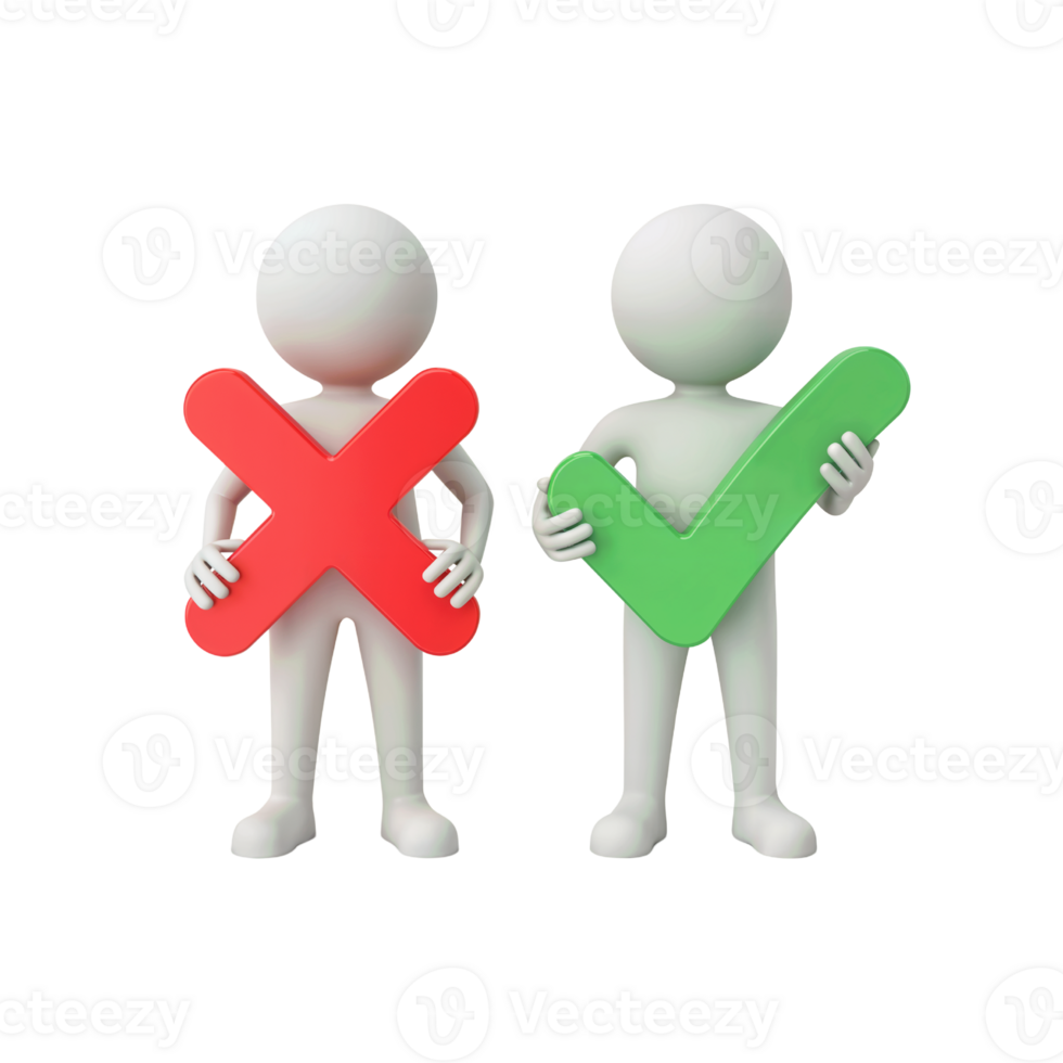 A photo of a 3D Humanoid Figures Holding Red X and Green Check Mark png