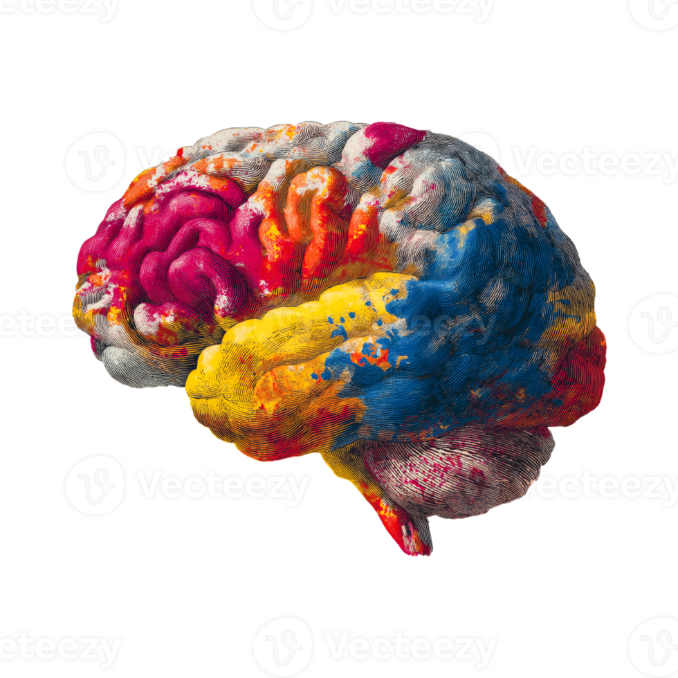Lithography of human brain exploding in colors. Creative mind concept with human brain and color splash. png