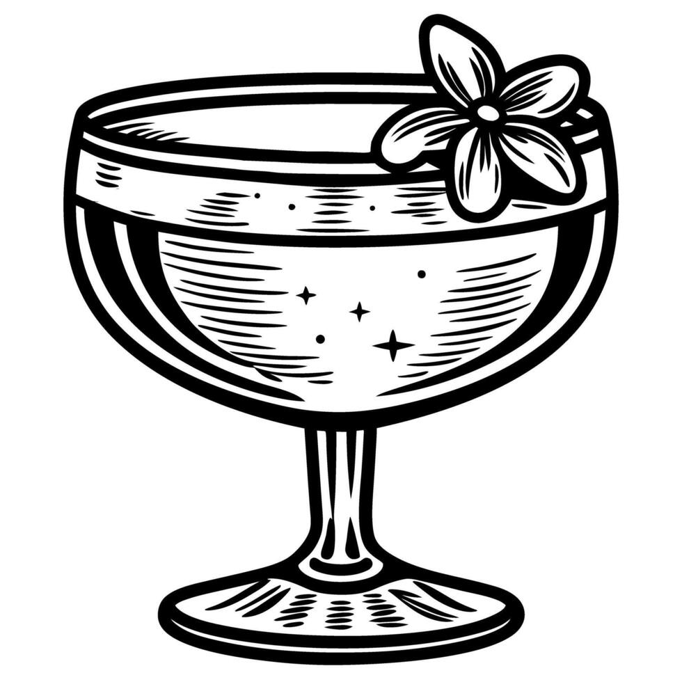 Vintage etched cocktail glass with floral garnish and classic stem illustration vector