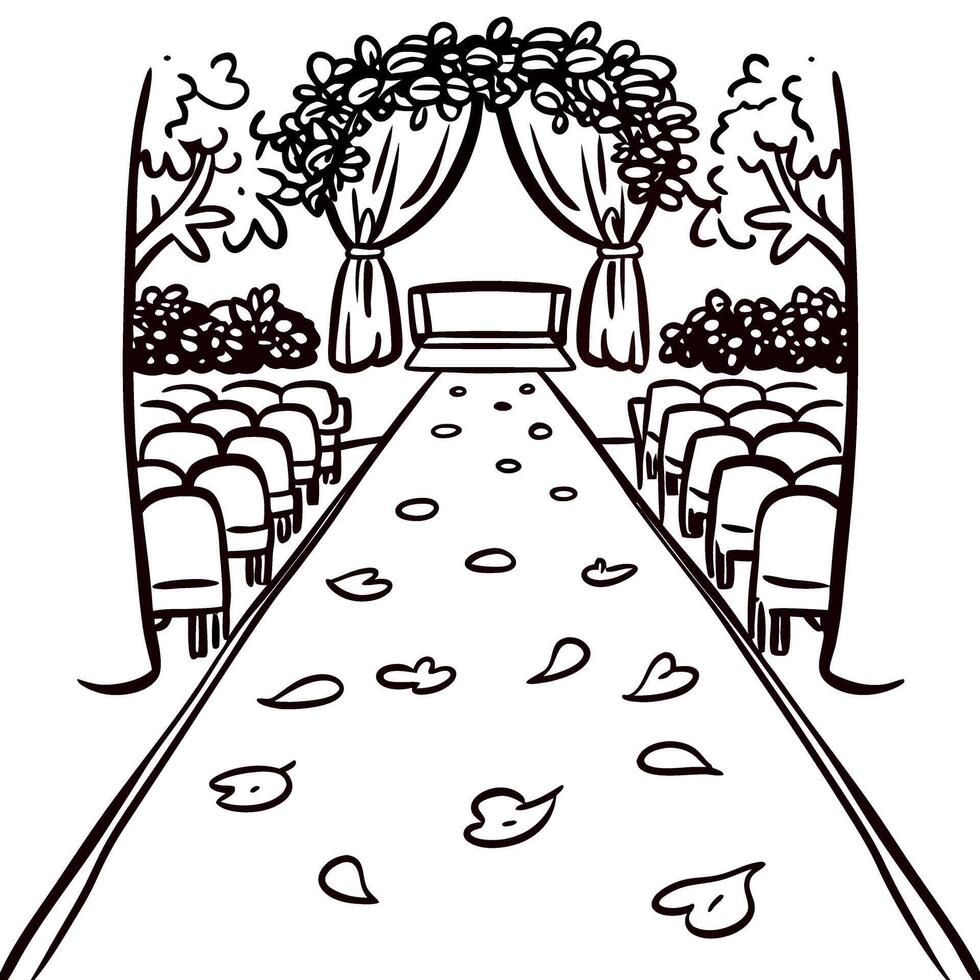 Hand drawn outdoor wedding ceremony aisle with chairs, flower petals, arch and leafy decorations, sketch illustration vector