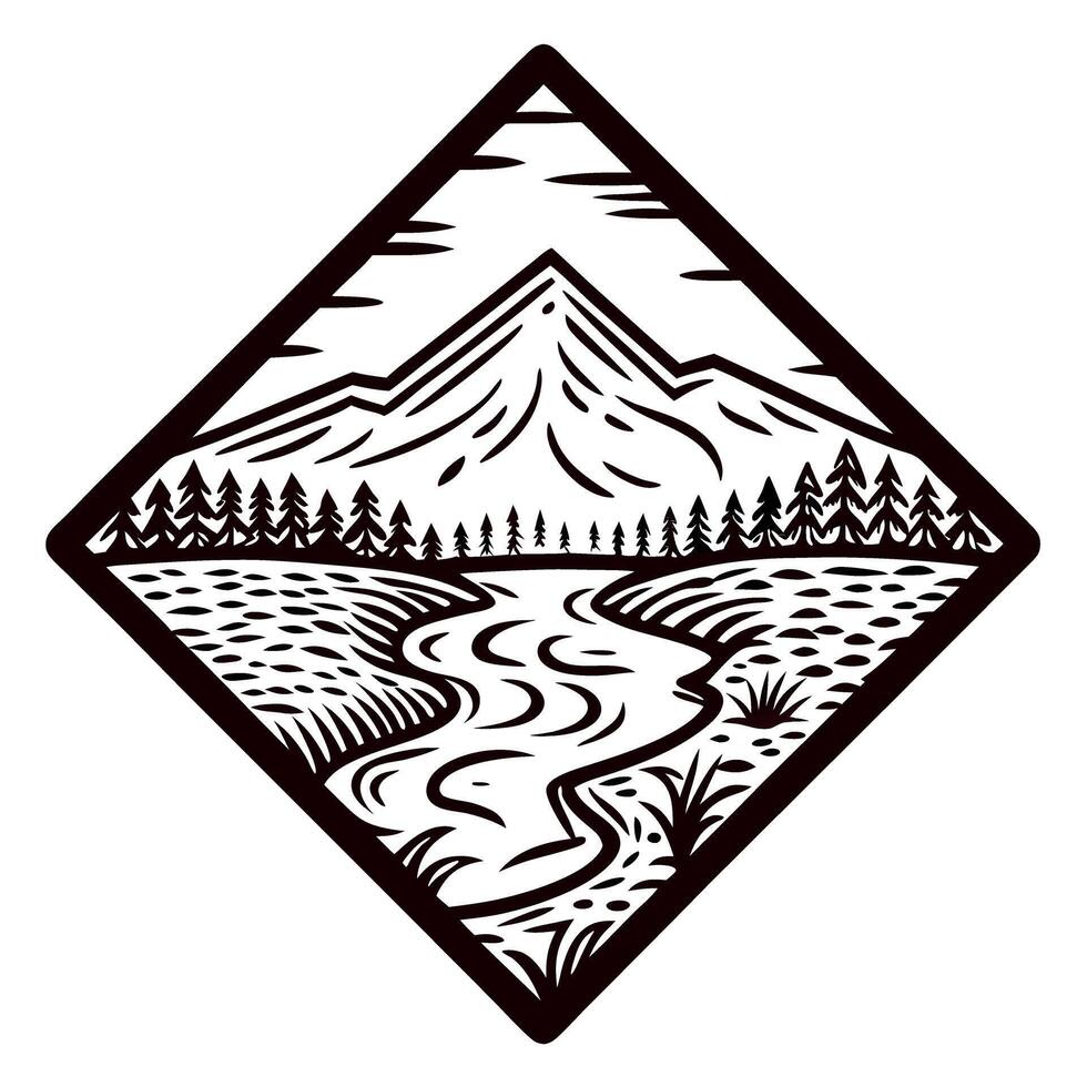 Diamond emblem with mountain landscape, winding river, pine trees, and field in woodcut vintage engraving vector