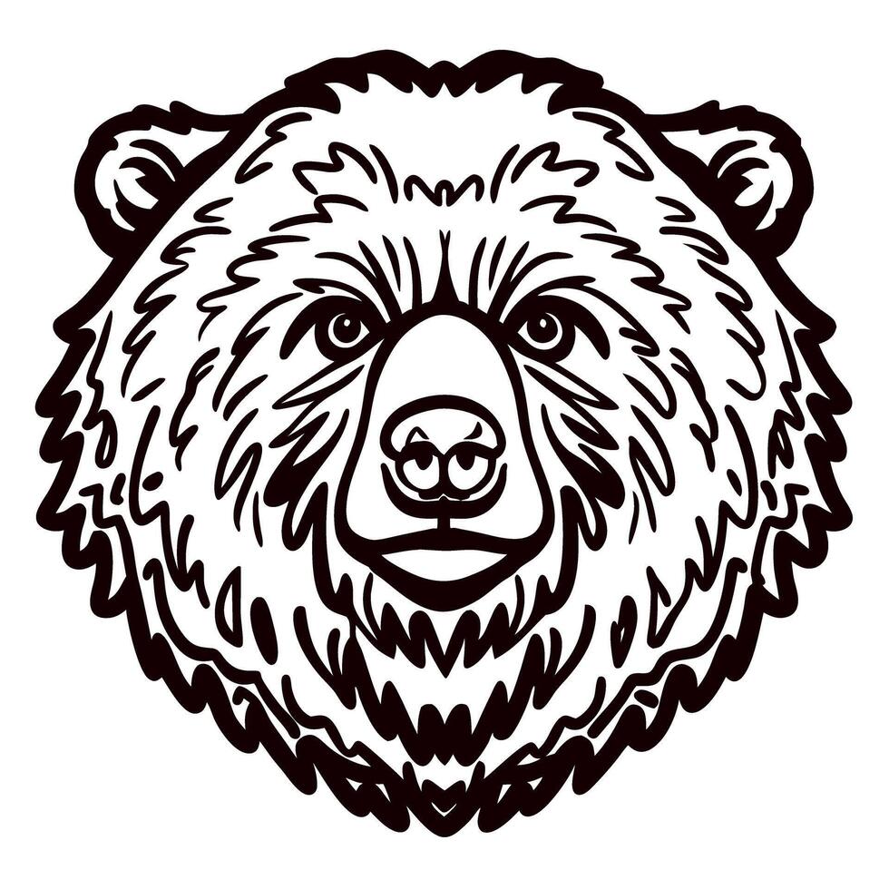 Detailed hand drawn brown bear head illustration with fierce expression and intricate fur lines on white background vector