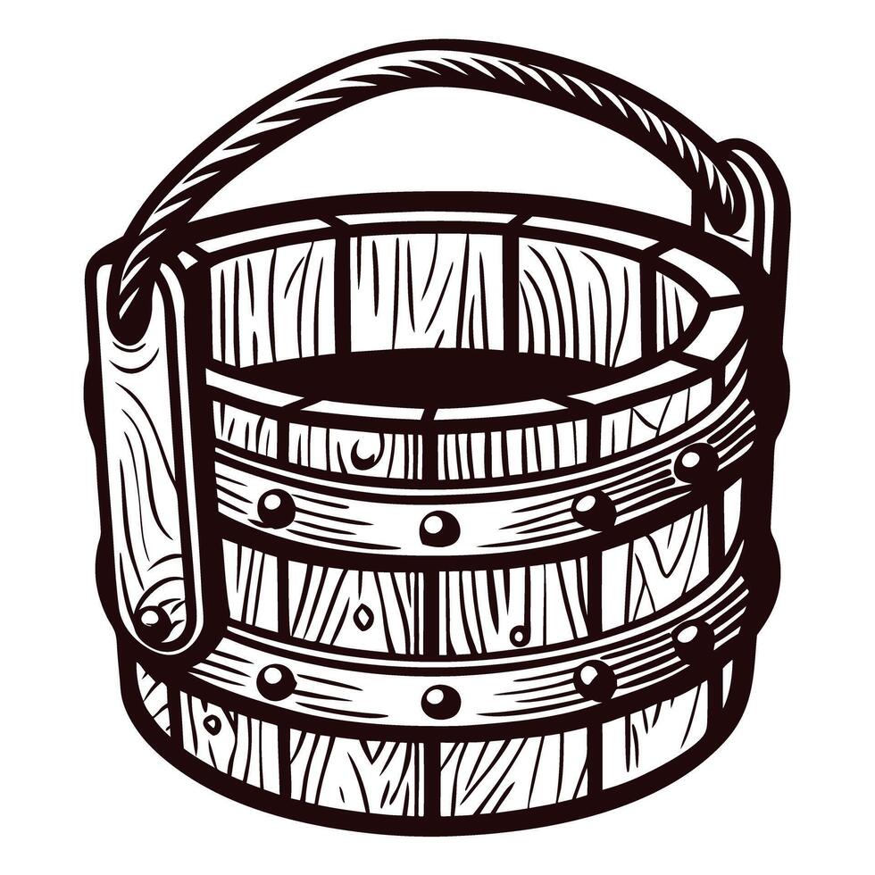 Rustic hand drawn wooden bucket with rope handle vintage engraved illustration in classic on white background vector