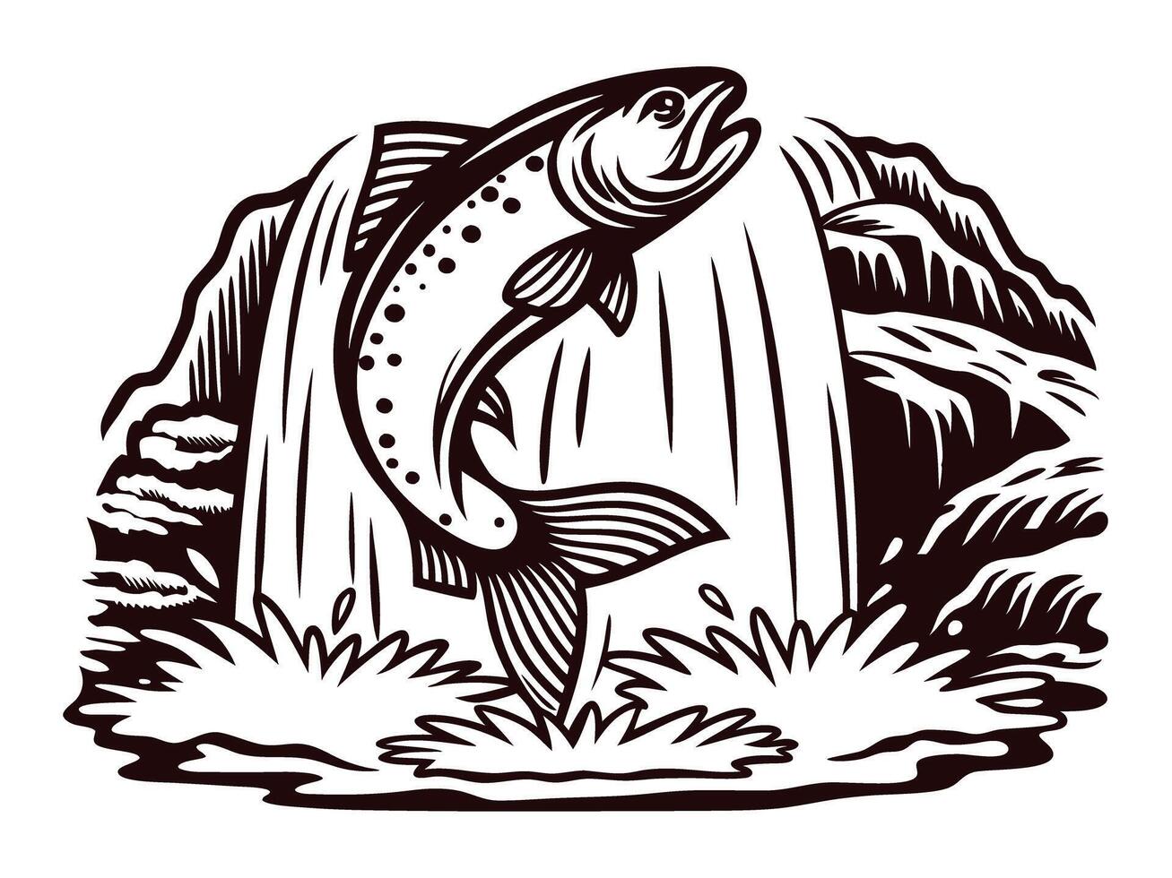 Trout leaping in mountain stream with waterfall and rugged rocks vector