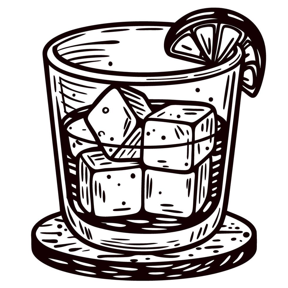 Hand drawn glass of whiskey with ice cubes and citrus slice on coaster vintage engraving vector