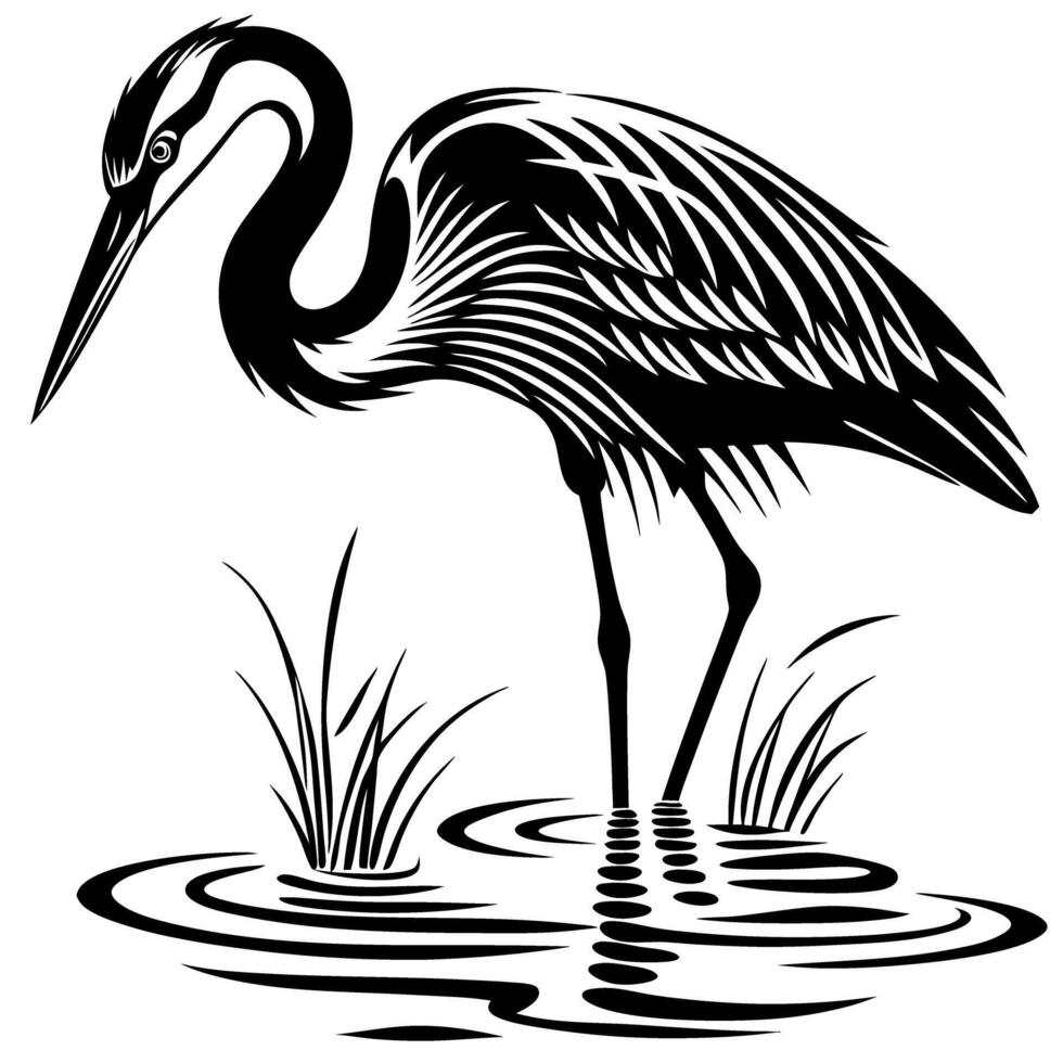 Intricate black and white heron illustration standing in water with grass, stylized elegant nature art drawing vector