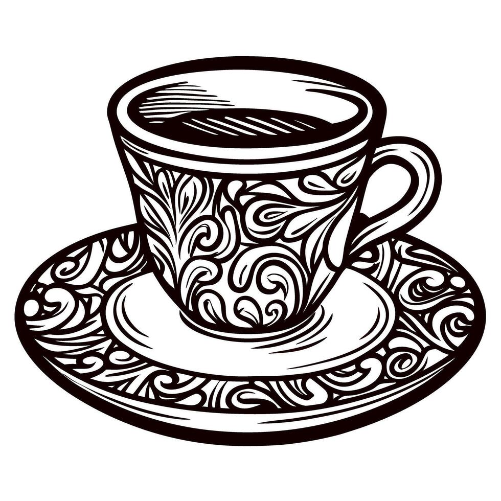 Intricately designed tea cup and saucer with ornate patterns vector