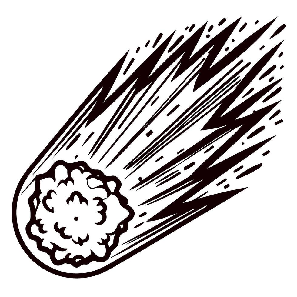 Hand drawn blazing meteor in flight with dynamic speed lines, vintage engraving illustration vector