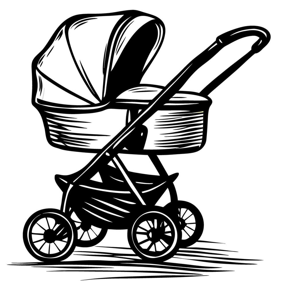 Vintage baby stroller pram black and white sketch classic carriage side view illustration with large wheels vector