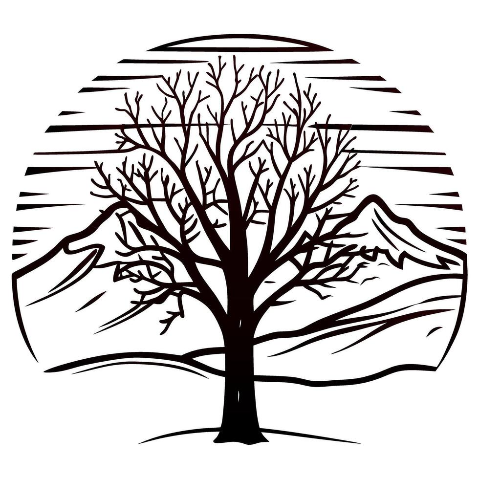 Bare tree silhouette with mountain landscape and sun, minimalist line art design, nature illustration vector