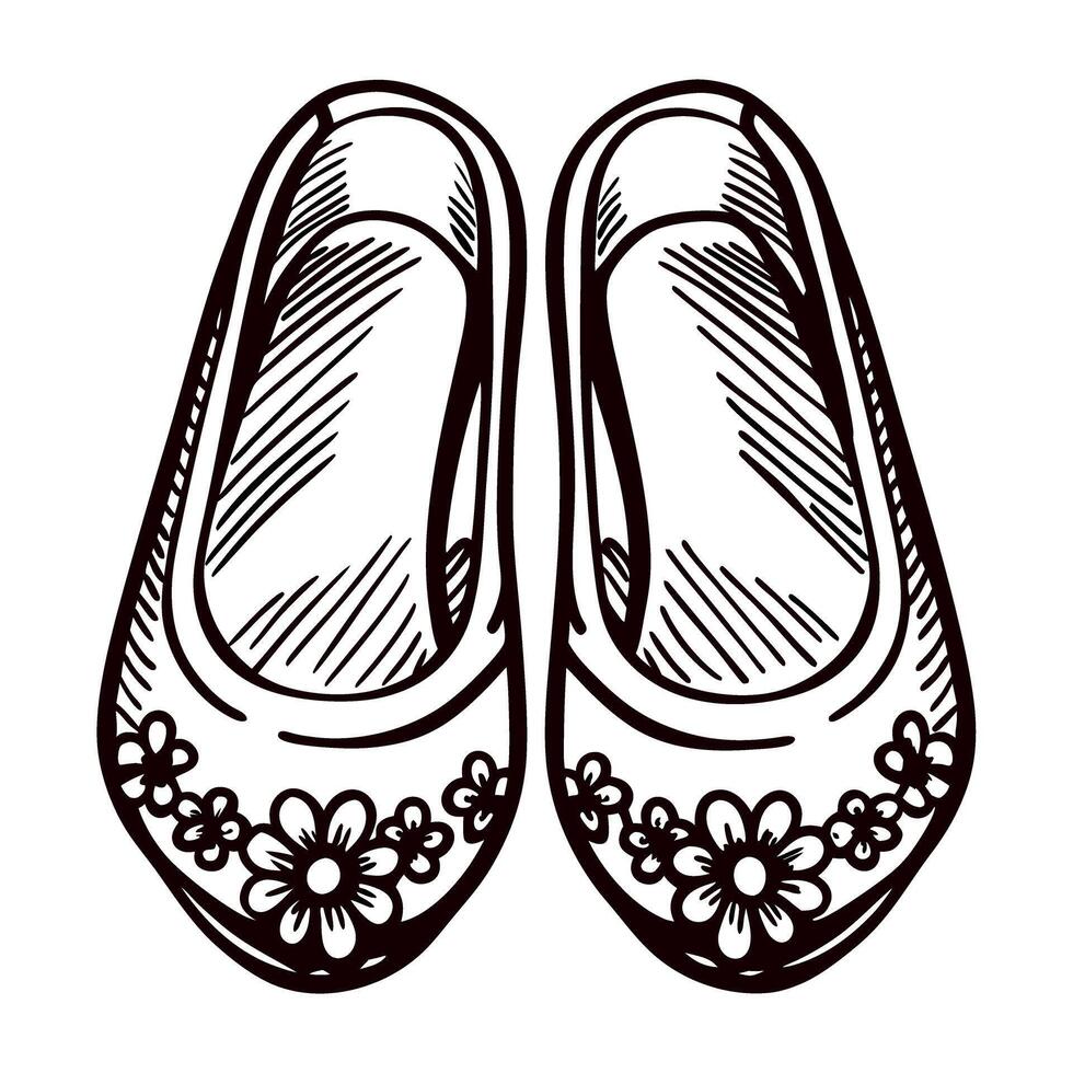 Hand drawn illustration of womens floral ballet flats with decorative patterns, vintage sketch style, isolated on white vector