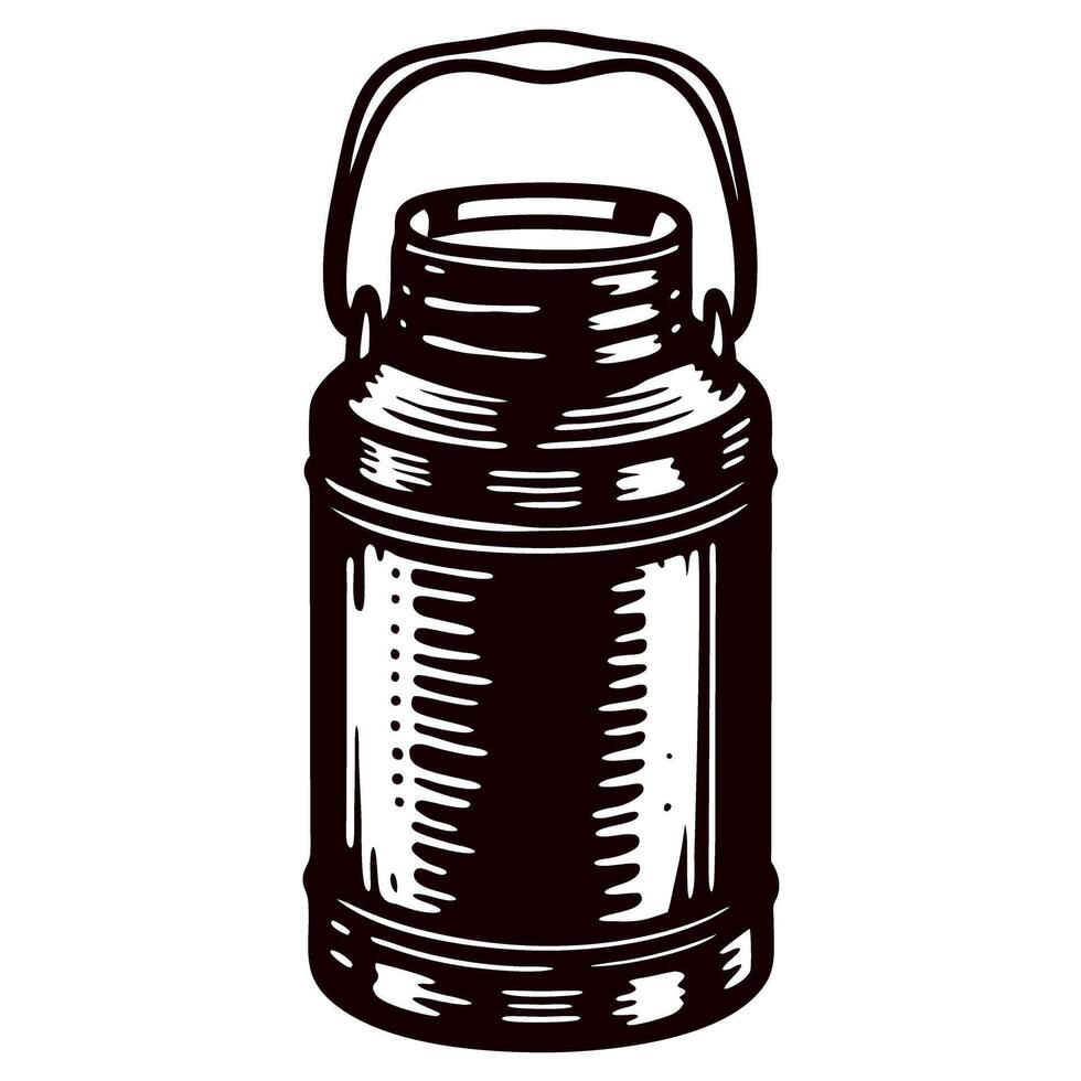 Vintage engraved drawing of a metal milk can with handle isolated on white background vector