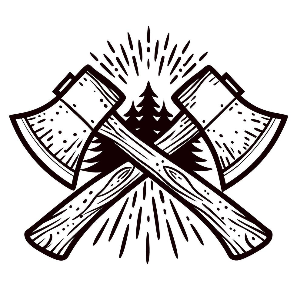 Crossed lumberjack axes with wooden handles and pine tree background in vintage engraving illustration vector