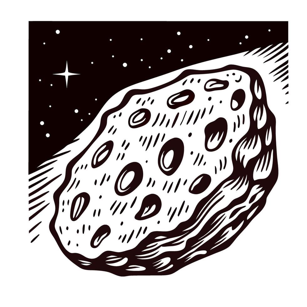 Vintage engraved illustration of an asteroid flying through outer space with craters and surrounding stars vector