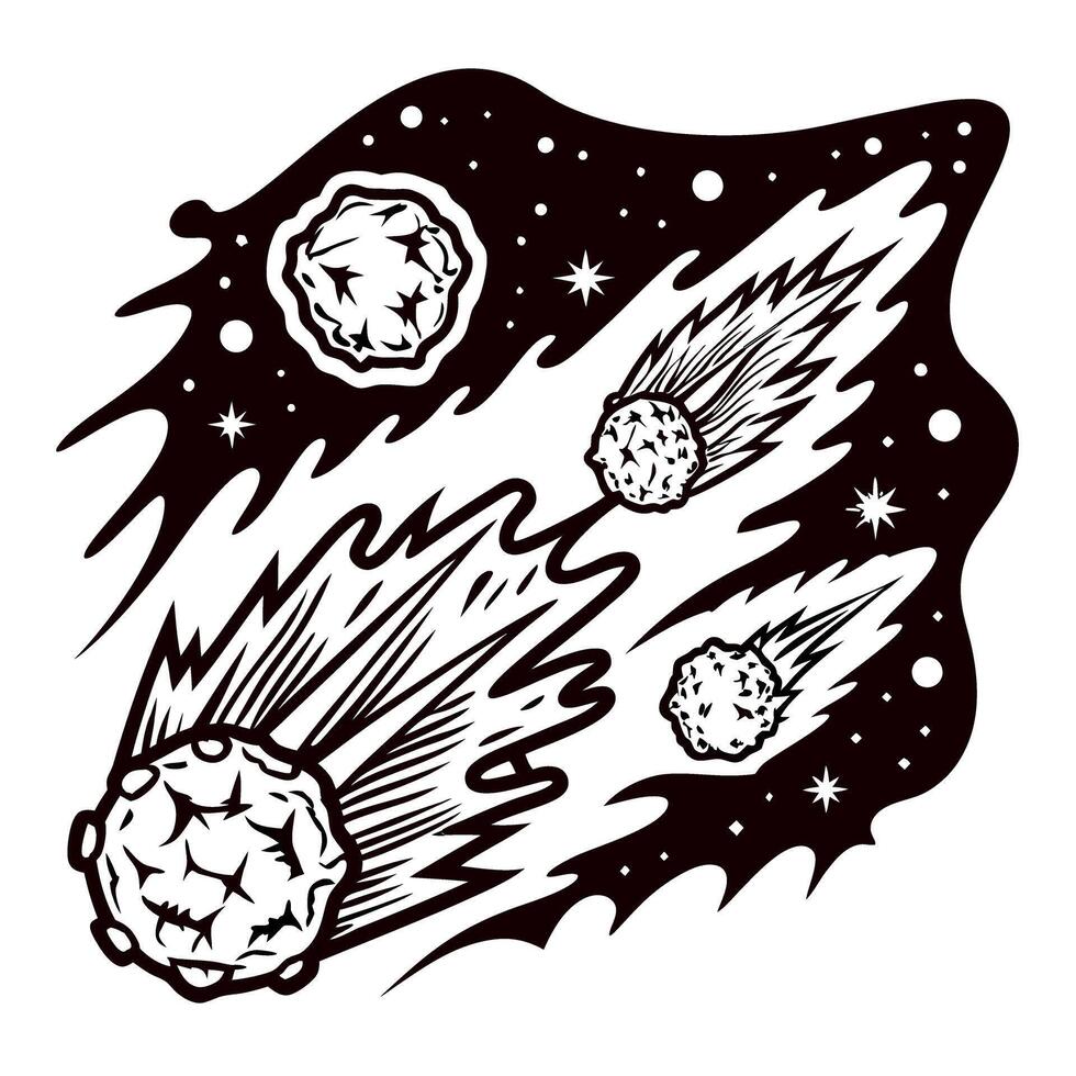 Hand drawn meteors and asteroids flying through space with stars and cosmic dust, sketch engraving illustration vector