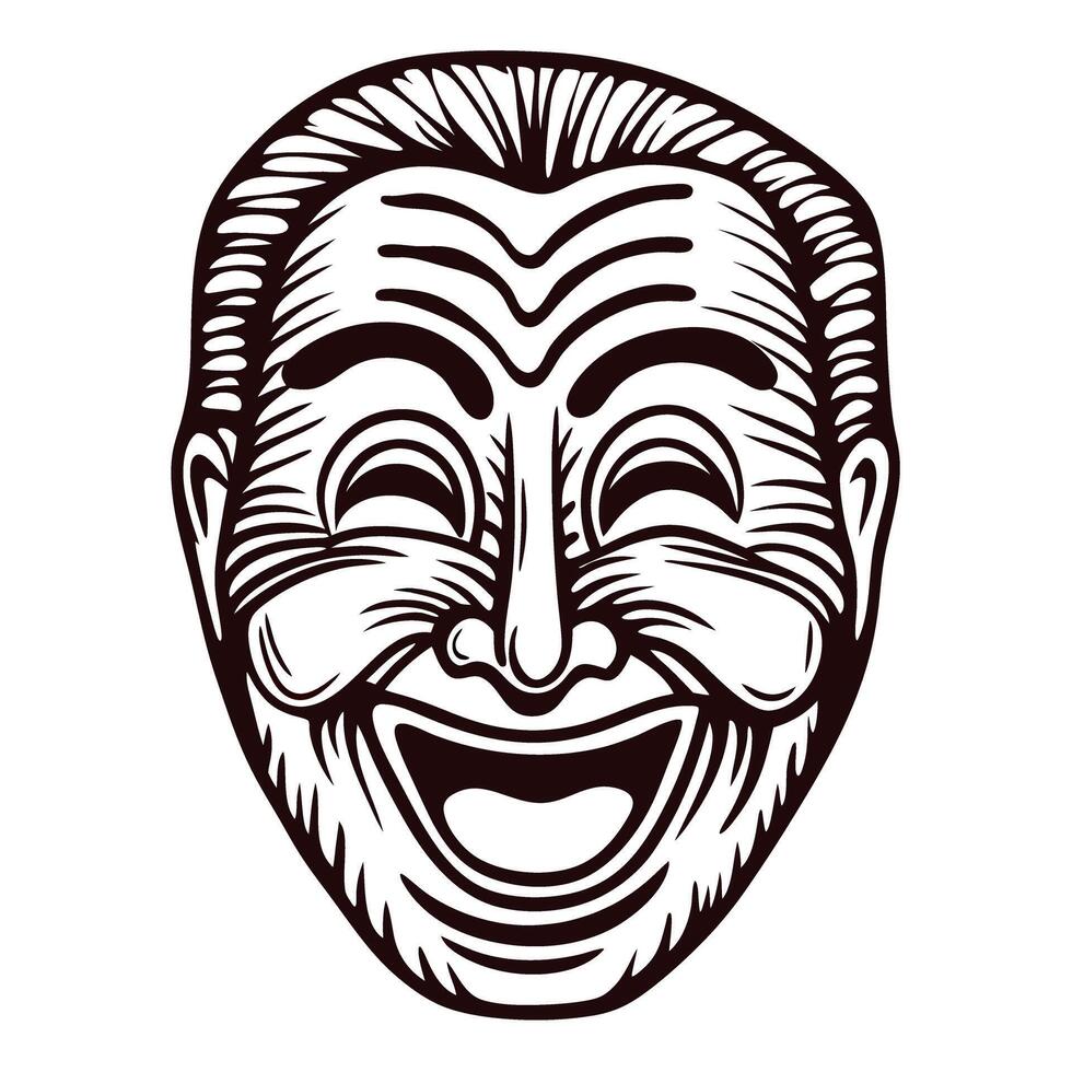 Vintage smiling theatrical mask illustration with exaggerated joyful expression and bold black line art vector