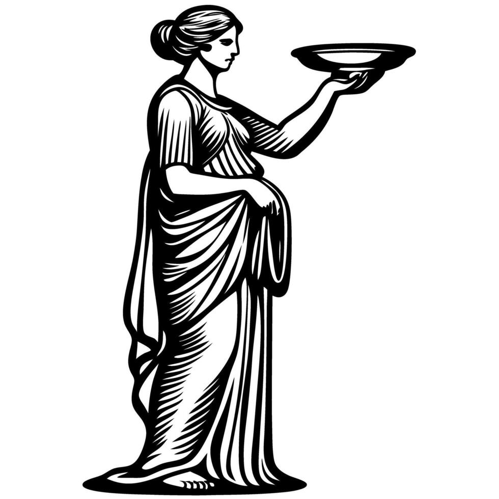 Classical greek woman in flowing robe holding a shallow bowl in raised hand engraved vintage etching illustration vector