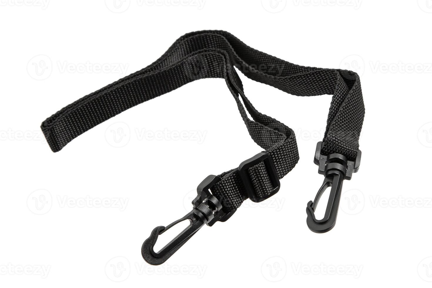 Adjustable black nylon strap with dual swivel snap hooks, isolated on white back photo