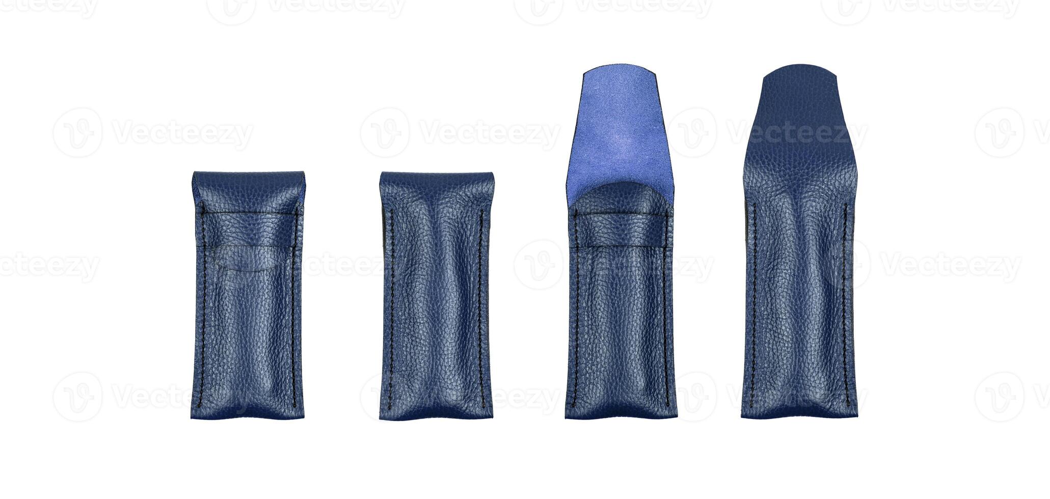 A high-quality blue leather knife sheath with a sleek design, detailed stitching, and a protective flap, isolated on a white background. photo