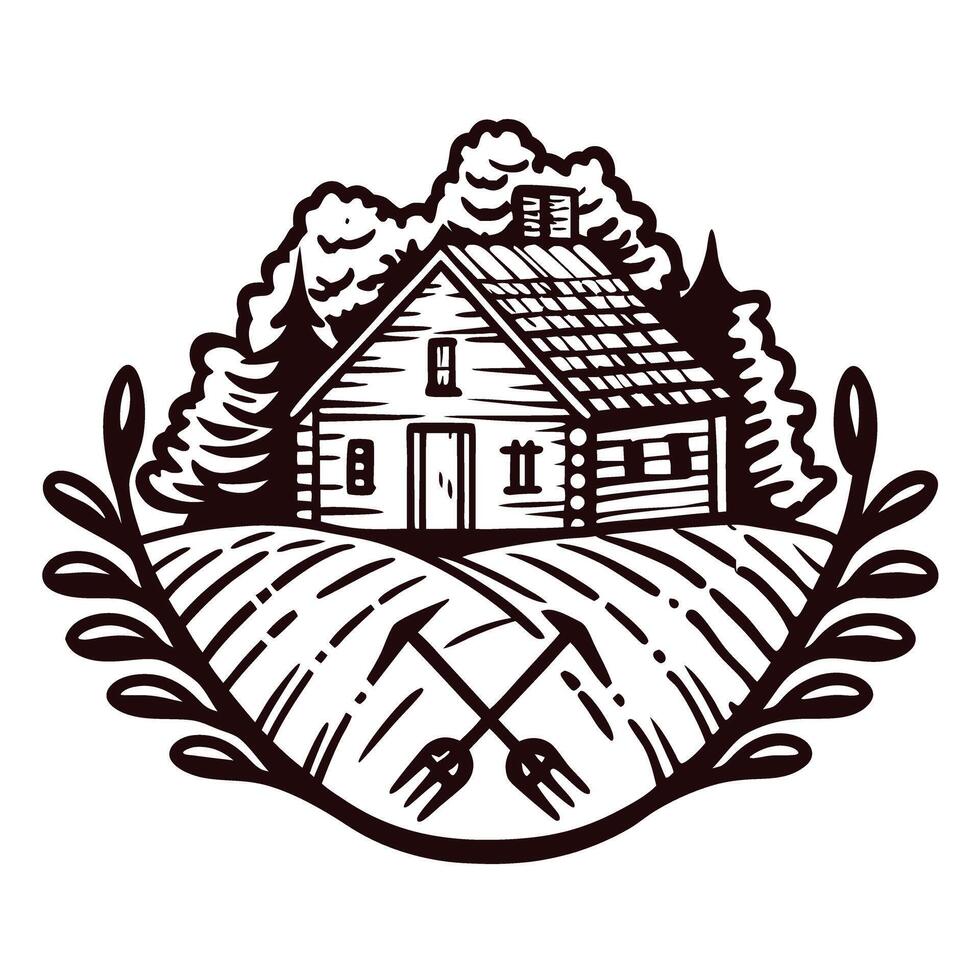 Rustic wooden farmhouse with chimney, surrounded by trees and fields, vintage hand drawn emblem illustration vector