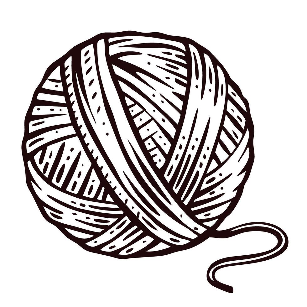 Hand drawn ball of yarn with unraveled strand vintage monochrome illustration on white background vector