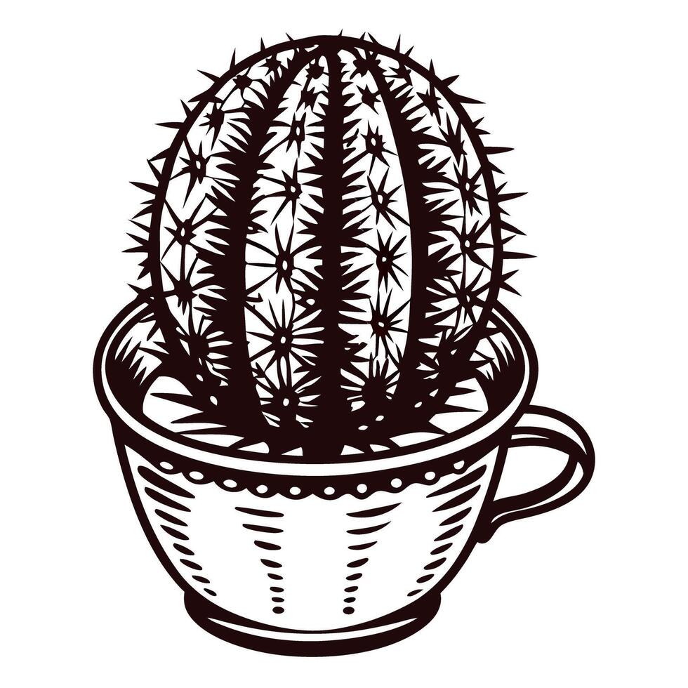Vintage engraving of round cactus with spines in decorative teacup illustration isolated on white background vector