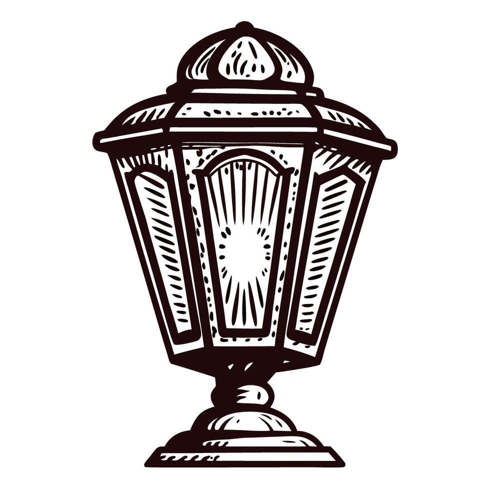 Vintage lantern illustration in engraved with ornate details and intricate lines isolated on white background vector