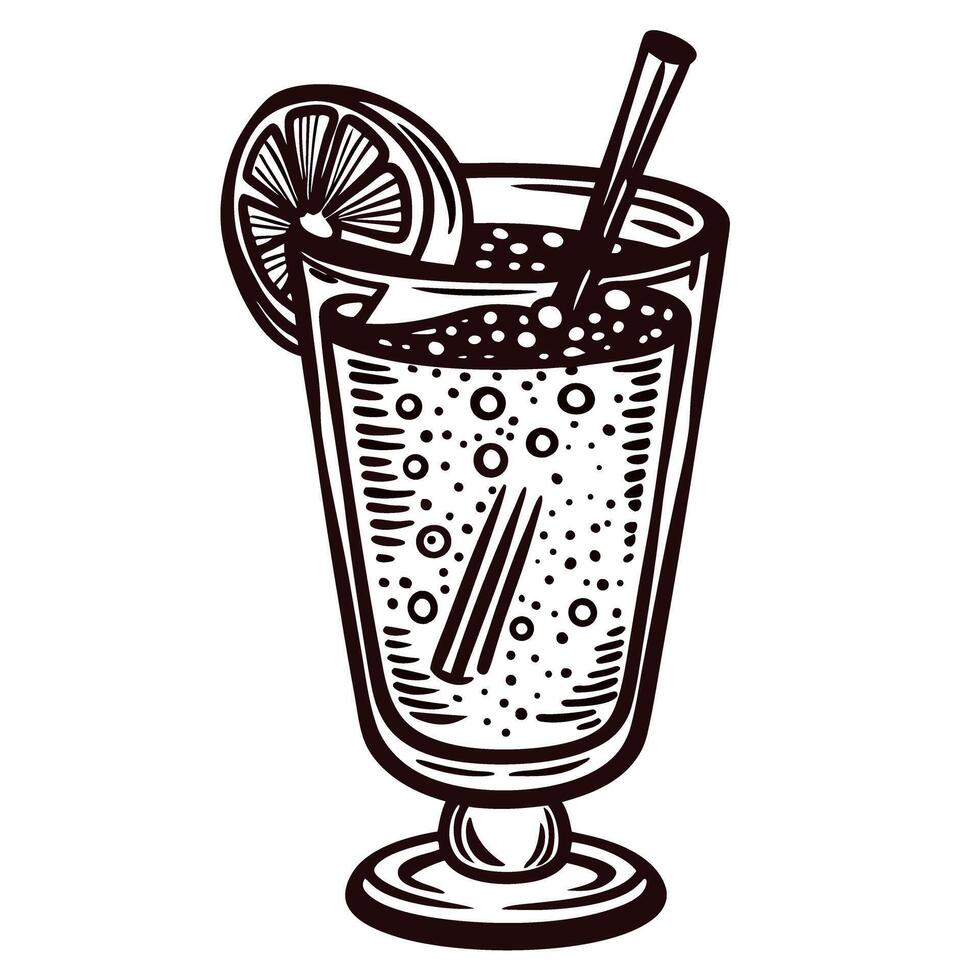 Vintage engraved glass of sparkling lemonade with lemon slice and straw isolated on white background vector