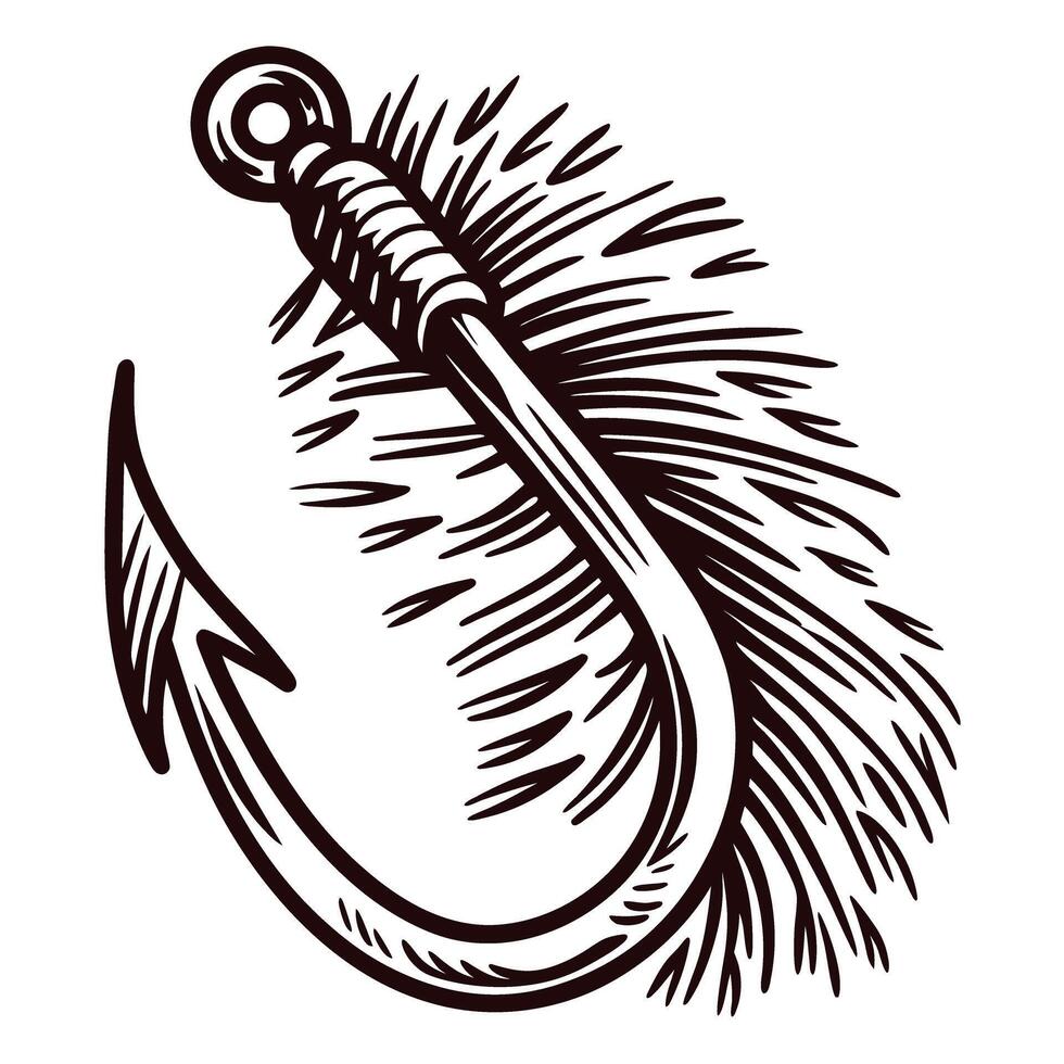 Hand drawn fishing hook with feather detail in vintage engraved illustration vector