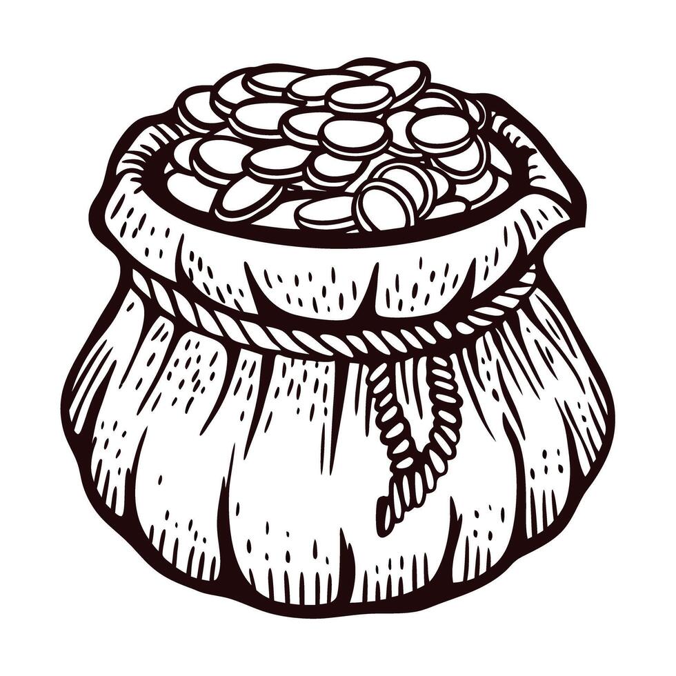 Hand drawn vintage sack filled with coins engraved illustration of bag tied with rope and overflowing with money vector