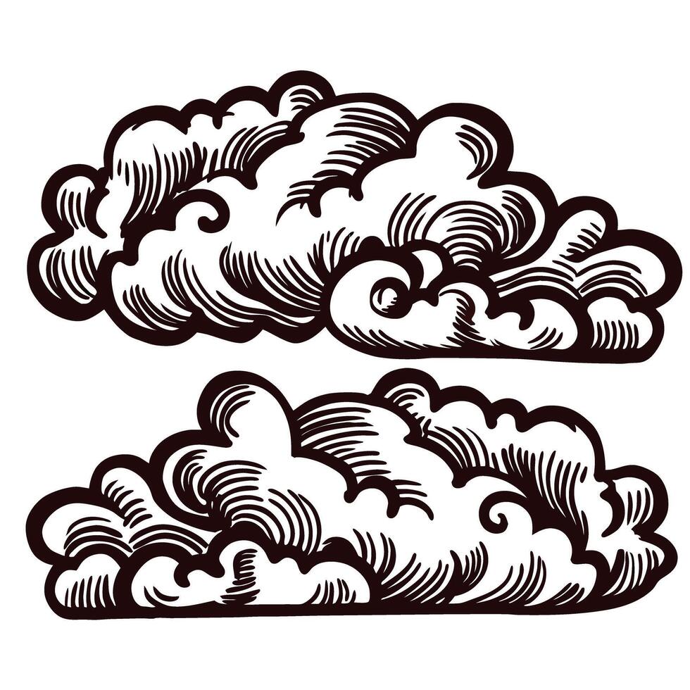 Vintage hand drawn clouds isolated on white background detailed engraved illustration of fluffy cumulus shapes vector
