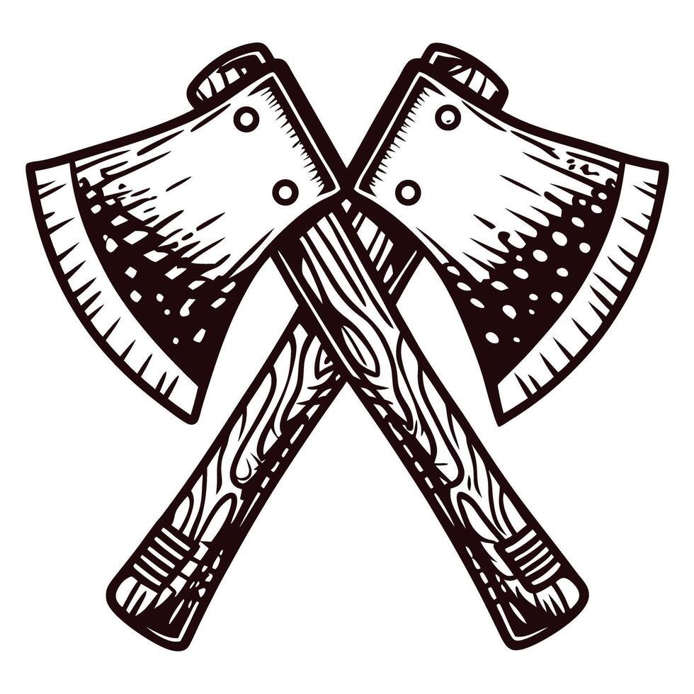 Crossed axes with detailed wood handles and blades representing craftsmanship in rustic vector