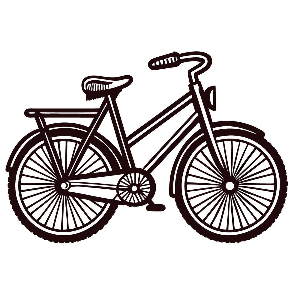 Vintage line art illustration of classic city bicycle with rear rack and detailed spoked wheels on isolated white background vector