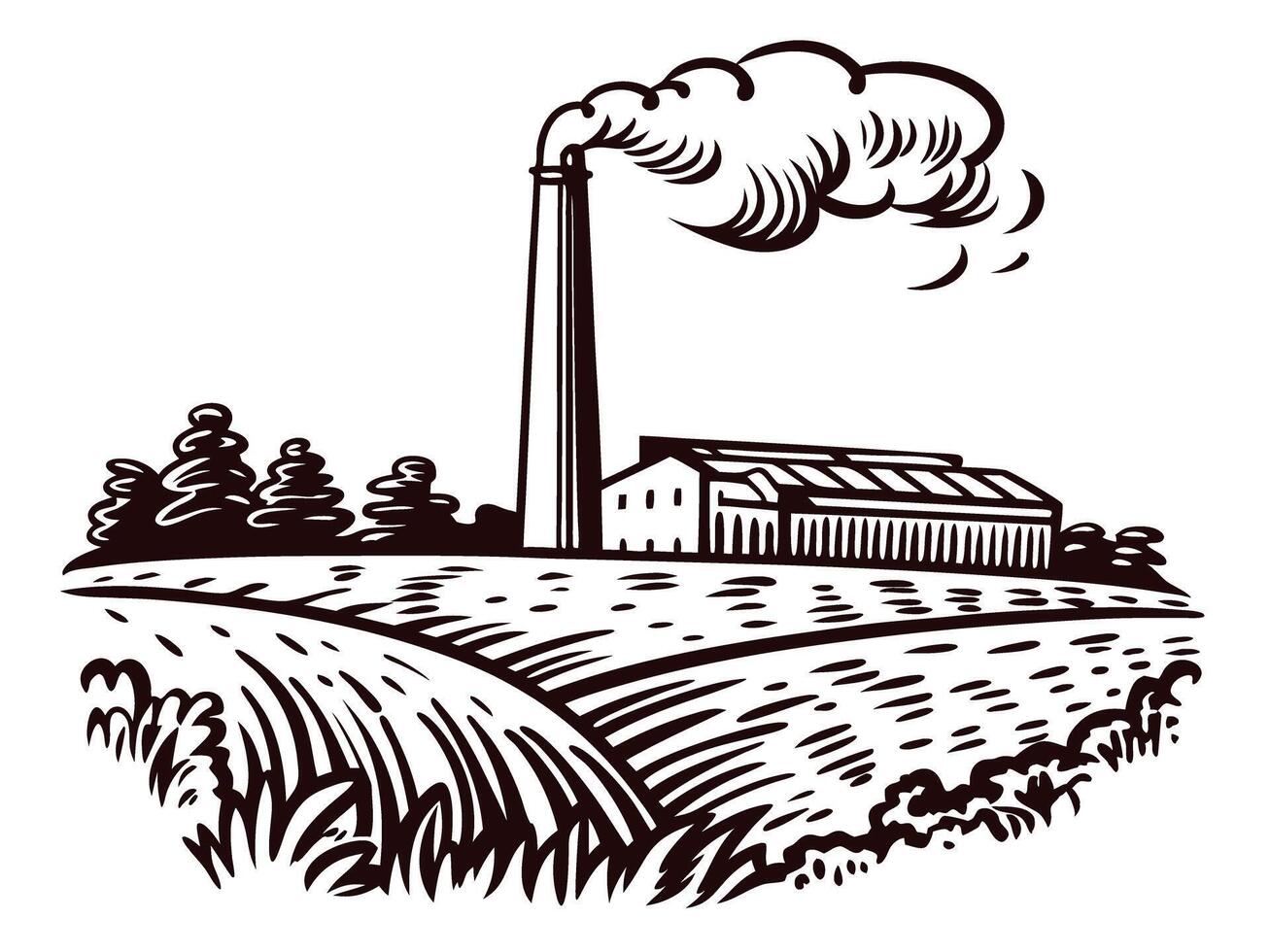 Rural industrial landscape with factory and smokestack amidst open fields vector