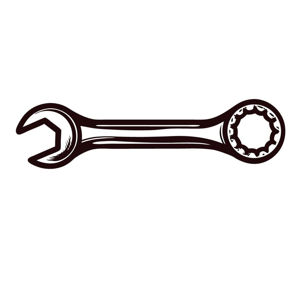 Hand drawn vintage wrench illustration with open end and ring spanner on white background vector