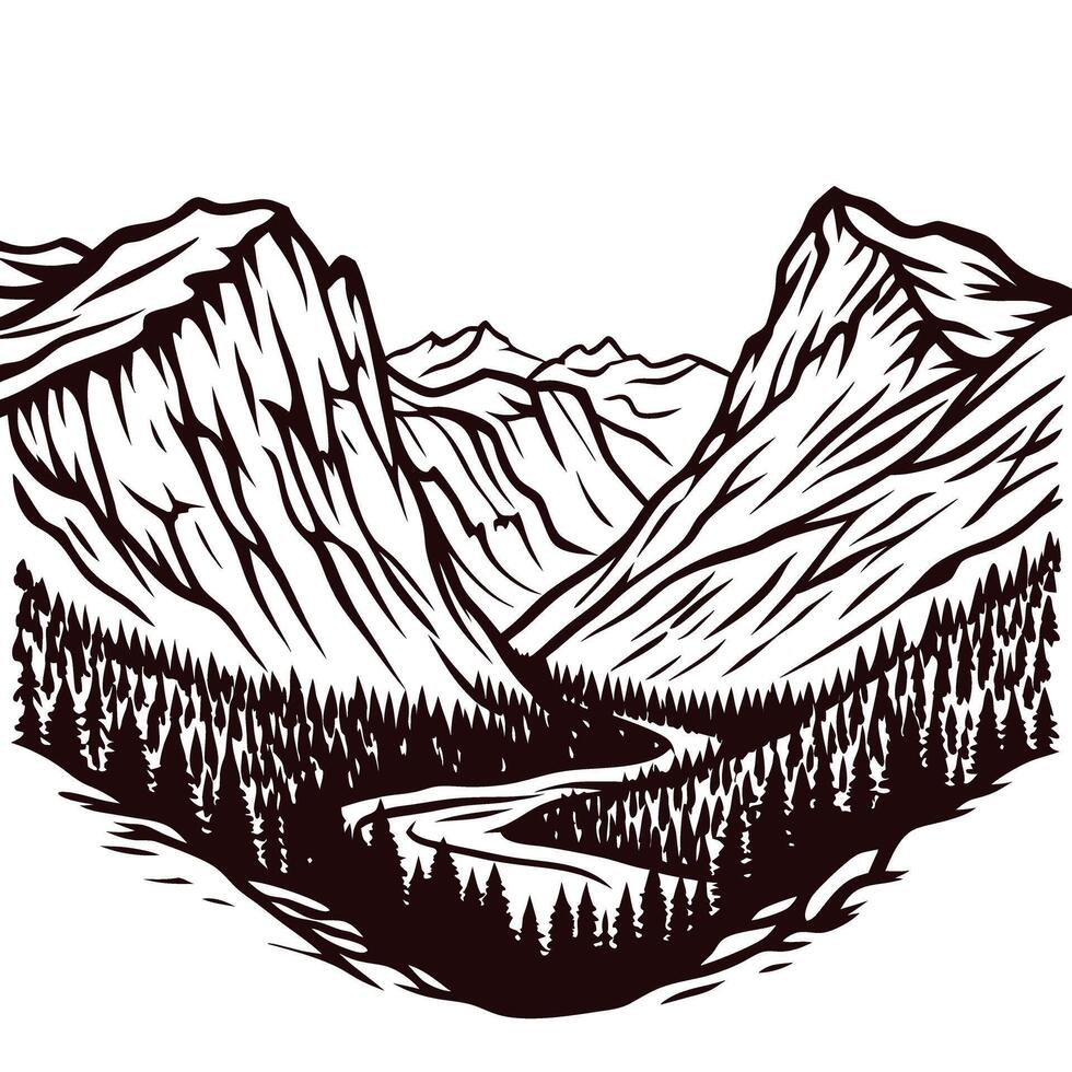 Mountainous landscape with forest and river in a scenic valley view vector